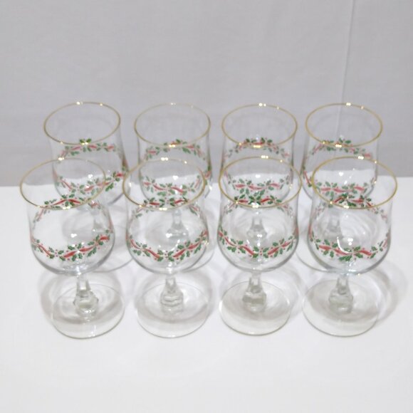 Libbey Holiday Christmas Wine Glasses w/ Gold Trim Holly Berry Design Set of 8 - Picture 1 of 14